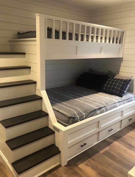 Double Bed Kids Room, Girl Bunk Beds, Bunk Bed Rails, Bunk Beds With Slides, Bunk Bed Queen, Log Cabin Tiny House, Bunk Bedding, Storage Bunk Beds, Double Deck Bed Design