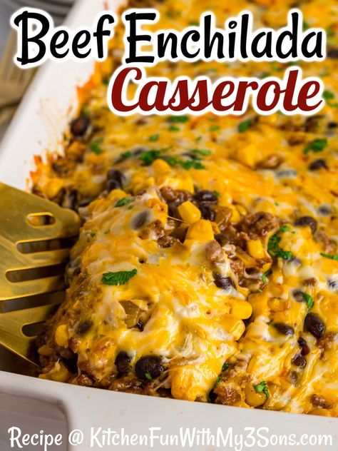 With ingredients like ground beef, enchilada sauce, beans, corn, and tortillas, this Easy Beef Enchilada Casserole recipe offers all the great flavors of classic enchiladas with none of the work. Perfect for busy weeknights! #groundbeefrecipes #easycasseroles #texmexrecipes Ground Pork Enchiladas Easy, Beef And Cheese Enchilada Casserole, Easy Ground Beef Enchilada Recipe, Ground Beef Corn Recipes, Quick Easy Mexican Meals, Hamburger Enchilada Casserole, Easy Beef Enchilada Casserole, Enchiladas Casserole Beef, Taco Enchilada Casserole