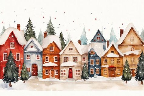 Winter Town Illustration, Christmas Town Painting, Christmas City Illustration, Christmas Town Drawing, Christmas Village Drawing, Christmas House Drawing, Christmas Town Illustration, Christmas House Illustration, Cute House Illustration