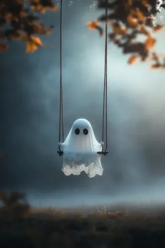 ↑↑↑ Larger size on website 🔸 A white ghost with two black eyes is sitting on a swing in a foggy forest. The swing is suspended fr Ram Wallpaper, Coffee Shop Photography, Forest Setting, Halloween Wallpaper Backgrounds, Clock Wallpaper, Cute Ghosts, White Sheet, White Ghost, Academia Wallpaper