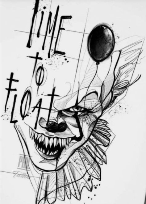 We All Float Down Here Tattoo, Horror Movie Tattoos Ideas Drawing, Pennywise Tattoo Stencil, Video Game Characters Drawings, Tattoo Style Drawings Sketches, Pennywise Drawing Sketch, Pennywise Tattoo Design, Pennywise Sketch, Horror Tattoo Stencil