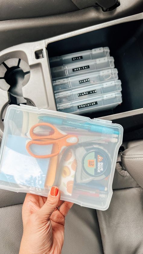 ORGANIZATION THAT’S WORKING, part 1: car console. Grab some clear 5x7” photo boxes and your car console is sure to never be the same (in… | Instagram Glovebox Organization Diy Car, Car Middle Console Organization, Car Glove Box Organization, Car Console Organization Diy, Car Essentials For Moms, Organize Car Console, Middle Console Organization Car, Toyota Sienna Organization, Cute Car Organization