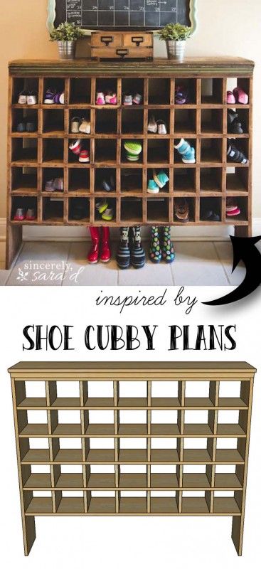 Inspired by a vintage mail sorter, this DIY shoe cubby is the perfect piece of furniture to help you wrangle shoes. Free plans to build your own! Rak Sepatu Diy, Free Building Plans, Shoe Cubby, Mail Sorter, Diy Shoe Rack, Diy Shoe, Furniture Projects, Cubbies, Shoe Storage