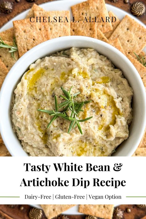 Need a quick, healthy snack or appetizer? Try this easy white bean dip recipe. Made with artichokes, rosemary, garlic, basil, and olive oil, it’s packed with fiber to support gut health. Add collagen peptides for extra protein or leave them out to keep it vegetarian and vegan. It’s perfect with veggies, crackers, or toast and only takes 5 minutes to make. Naturally gluten-free and dairy-free, it’s ideal for last-minute entertaining or meal prep. Save this recipe! Vegan Artichoke White Bean Dip, Spinach Artichoke White Bean Sandwich, White Bean Artichoke Dip, Dips Without Dairy, Non Dairy Dip Recipes, Dairy Free Artichoke Dip, Easy Dairy Free Appetizers For A Party, Dairy Free Dips Appetizers, Non Dairy Dips