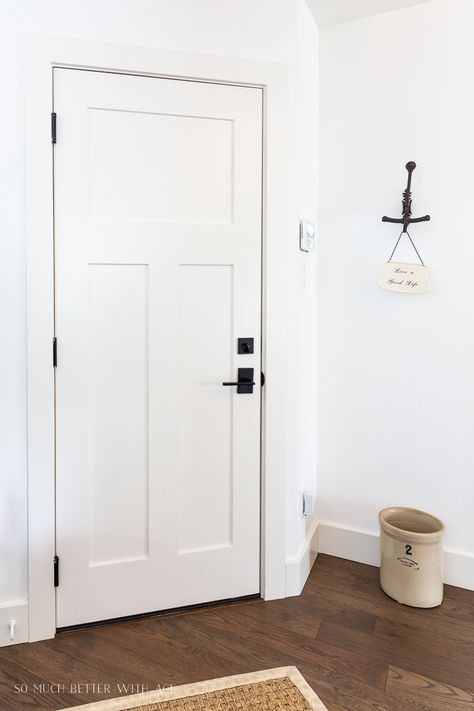 How New Baseboards, Trim and Doors Make a Huge Difference - So Much Better With Age Square Baseboards And Trim, Change Trim In House, White Trim Styles, Door And Floor Trim, Floor Trim Ideas Baseboards Modern, Diy Door Casing Trim Work, Extra Tall Baseboards, Modern Farmhouse Baseboards And Trim, Simple Door Trim Ideas Interior