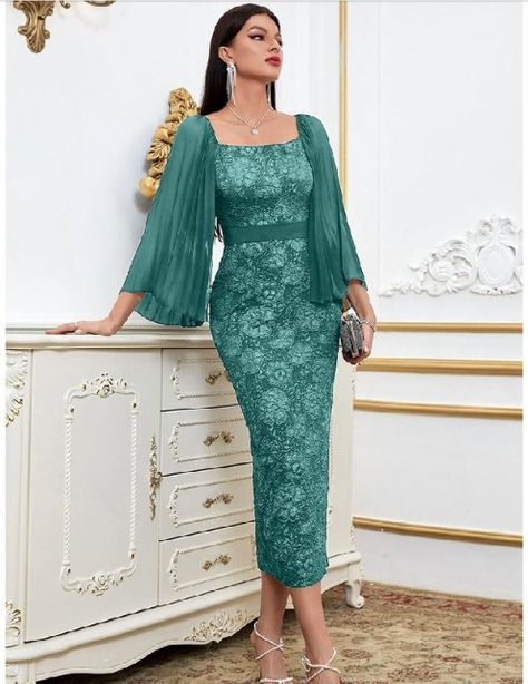 Gowns Dresses Elegant Classy, Simple Lace Dress, Cadet Blue, Women Dresses Classy, Pleated Sleeves, Lace Blue Dress, Floral Jacquard, Nails Short, Classy Women