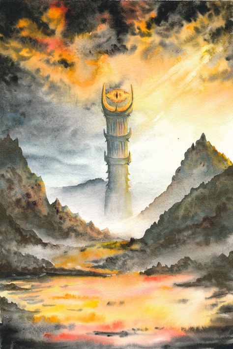 Hobbit Watercolor Paintings, The Hobbit Watercolor Art, Lord Of The Rings Watercolor Art, Lotr Watercolor Paintings, Lotr Watercolor Art, Lord Of The Rings Oil Painting, Lotr Painting Ideas, Lord Of The Rings Watercolor Paintings, Fantasy Landscape Watercolor