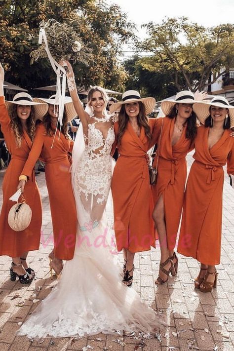 Dresses With Split, Orange Bridesmaid, Orange Bridesmaid Dresses, Orange Chiffon, Boda Mexicana, Chiffon Bridesmaid Dresses, Orange Wedding, Chiffon Long Sleeve, Chiffon Bridesmaid Dress