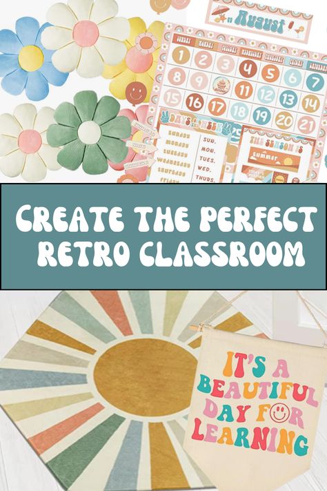 Retro Classroom Theme High School, Groovy Theme Classroom Door, Retro Groovy Classroom Decor, Retro Preschool Classroom, Retro Kindergarten Classroom, Retro Rainbow Classroom Theme, Classroom Standards Display, Groovy Classroom Decor Ideas, Indie Classroom