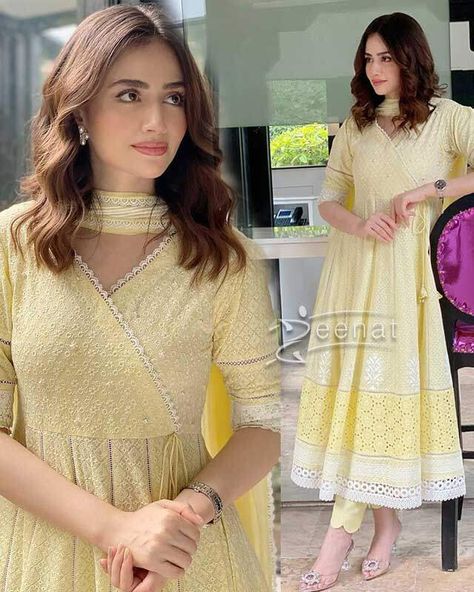 Indian Style Dress Casual, Ansab Jahangir Dresses, Monochrome Outfit Indian, Anakarli Dress Pattern, Chikenkari Dress Ideas Frock, Anarkali Models For Stitching, Angarkha Frock, Sana Javed Dress, Chikenkari Dress Ideas