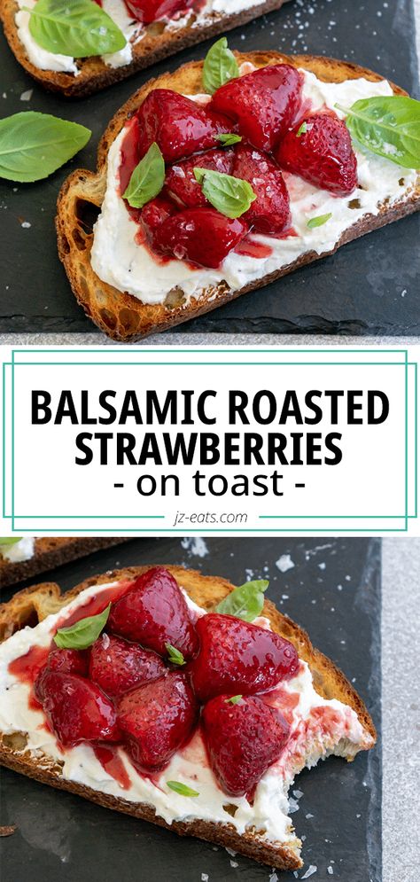 balsamic roasted strawberries on toast Strawberry Balsamic Cookie, Recipes With Peach Balsamic Vinegar, Roasted Strawberries Balsamic, Recipes With Balsamic Vinegar, Strawberry Balsamic Vinegar, Balsamic Roasted Strawberries, Balsamic Strawberries, Kid Friendly Vegetarian Recipes, Strawberry Feta