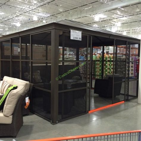 Take a look at this spacious 12 x14 feet Corner Screen Room from Sunjoy at Costco. The wall-to-wall sliding screen doors on all four sides allow easy access. Each post is constructed of aluminum st… Screen Gazebo Ideas Backyard, Patio Screen Enclosure, Outdoor Screen Room, Hot Tub Pergola, Enclosed Gazebo, Garage To Living Space, Pavilion Plans, Screened Gazebo, Screened Porch Designs