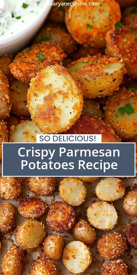 Satisfy your cravings with these golden, crispy Parmesan potatoes! With garlic, oregano, and a hint of parsley, they’re the ultimate side for any meal. Serve with your favorite dipping sauce! Parmesan New Potatoes, Potatoes Parmesan Baked, Smashed Red Potatoes Parmesan, Parmesan Crusted Yukon Gold Potatoes, Crispy Parmesan Potatoes Oven Baked, Easy Crispy Potatoes, Petite Golden Potatoes Recipe, Parmesan Potatoes Air Fryer, Petite Potato Recipe