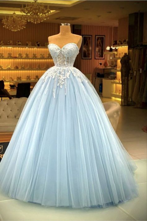 Baby Blue Ball Gown Baby Blue Ball Gown, Baby Blue Quince Dresses, Sweet 16 Dresses Blue, 15 Birthday Dresses, Baby Blue Quinceanera, Prom Dresses With Lace, Baby Blue Prom Dresses, Corset Ball Gowns, Quinceanera Themes Dresses