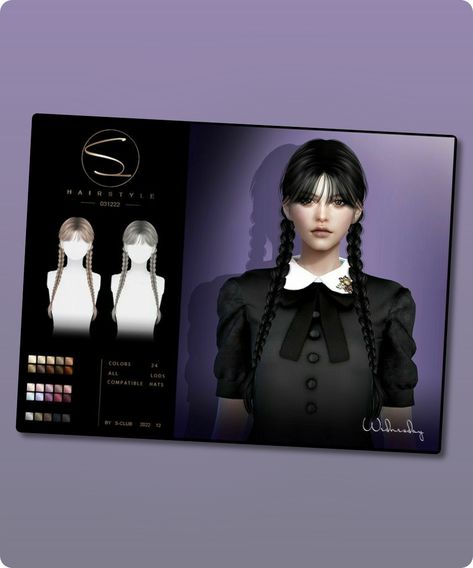 Sims 4 Hairstyle CC: Double Braids Hairstyle Wednesday031222  By S-Club By S-Club Sims 4 Wednesday, Wednesday Addams Hair, Double Braids, 4 Hairstyles, Sims 4 Cc Download, Model Nails, Club Hairstyles, Double Braid, Diamond Dress