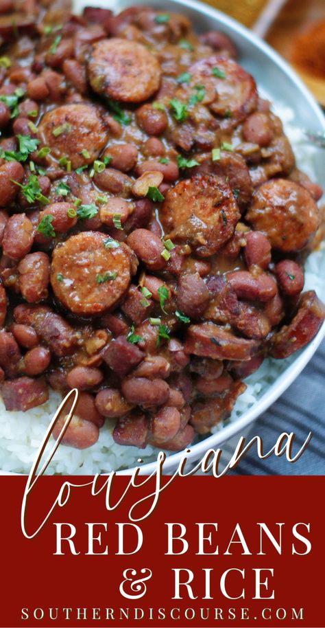 Louisiana Red Beans & Rice - southern discourse Dried Kidney Beans Recipes, Dark Red Kidney Beans Recipe, Southern Red Beans And Rice Recipe, Louisiana Red Beans And Rice Recipe, Beans Dishes, Red Beans And Rice Recipe Crockpot, Turkey Sausage Recipe, Louisiana Red Beans, Red Beans And Rice Recipe Easy