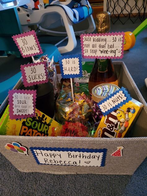 30th Bday Gifts For Him, Dirty 30 Gifts Men, 30th Present Ideas Men, Funny Birthday Basket Ideas, 30 Things For 30th Birthday Gift Baskets, Mens 30 Birthday Gift Ideas, Clever 30th Birthday Gifts, Friends 30th Birthday Gift, Turning 30 Gift Basket