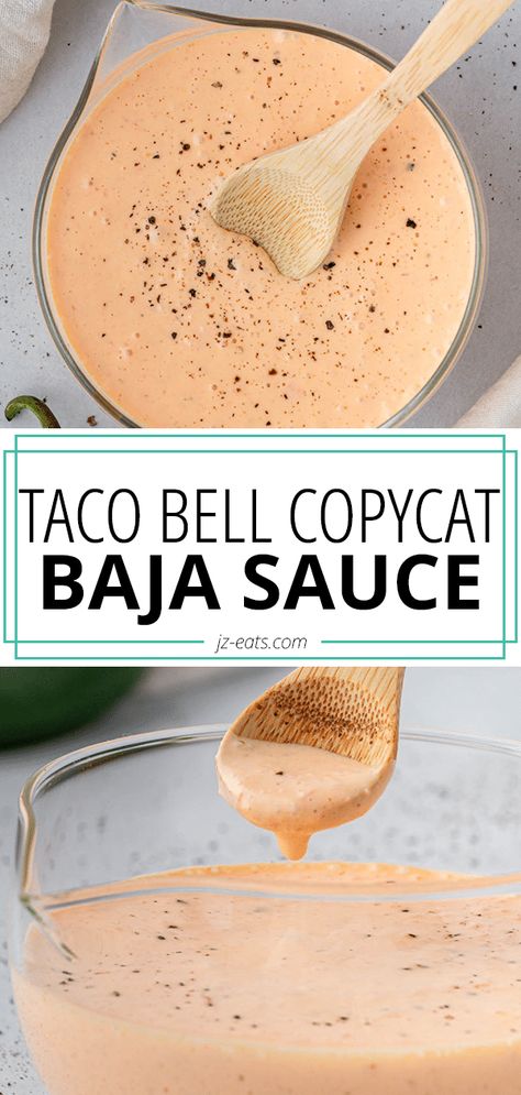 baja sauce in a glass jar with a wooden spoon Copycat Taco Bell Baja Sauce, Baja Sauce Taco Bell, Taco Bell Enchirito Sauce Recipe, Sonic Baja Sauce Recipe, Creamy Jalapeno Sauce Taco Bell, Taco Bell Volcano Sauce Recipe, Burrito Sauce Recipe Simple, Taco Bell Baja Sauce Recipe, Taco Bowl Sauce