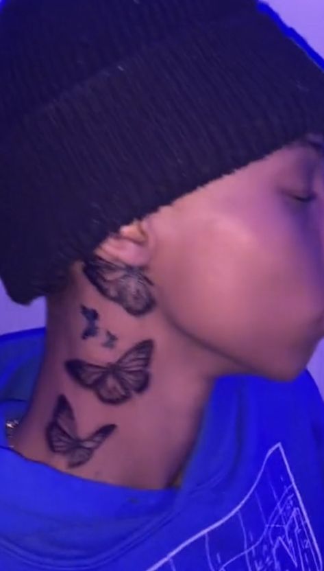 Meaningful Neck Tattoos, Butterfly Neck Tattoos Women, Butterfly Tattoo On Neck, Rose Neck Tattoo, Butterfly Neck Tattoo, Tatted Men, Rose Tattoos For Women, Small Tats, Neck Tattoos Women