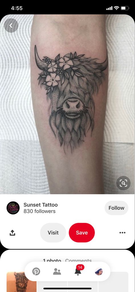 Highland Cow Tattoo, Cowgirl Tattoos, Cow Tattoo, Highland Cow, Flower Tattoos, Tattoos And Piercings, Girly Things, Skull Tattoo, Flower Tattoo