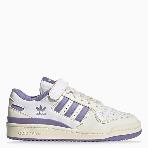 Low trainer from adidas Originals featuring a white and lilac perforated leather upper, lace-up and Velcro fastening, contrasting interior, rounded toe, logo print on the side and rubber sole. Purple Adidas Shoes, Lilac Sneakers, Cute Adidas Shoes, Red Trainers, Pretty Shoes Sneakers, Vegan Sneakers, Velcro Shoes, White Lilac, Shoe Wishlist