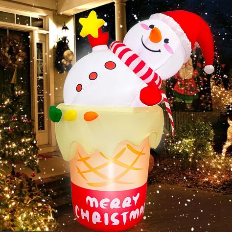 Unique Christmas Decorations】 Our originally designed inflatable snowman is a combination of a snowman and an ice cream cone. It's perfect to celebrate the most cheerful and warm Christmas time of the year with this 6ft ice cream snowman inflatable. With the happy expression and interesting appearance, it looks unique and great. And whether this christmas inflatable is placed in the yard, garden, proch or balcony, it is always an eyecatching and unforgettable presence. Snowman Outdoor Decorations, Christmas Blow Up, Happy Expression, Inflatable Christmas Decorations Outdoor, Holiday Inflatables, Holiday Party Decor, Inflatable Decorations, Halloween Inflatables, Unique Christmas Decorations