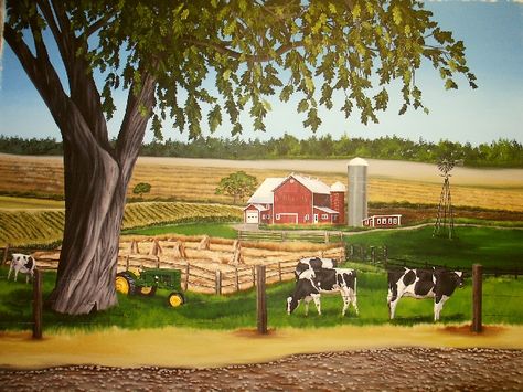 farm mural-I really want a combine unloading into a grain cart in a field...I love how realistic this scene is Farm Boy Room, Home Murals, Garage Mural, Farm Mural, Kids Murals, Nursery Murals, Horse Mural, Kids Mural, Playroom Mural