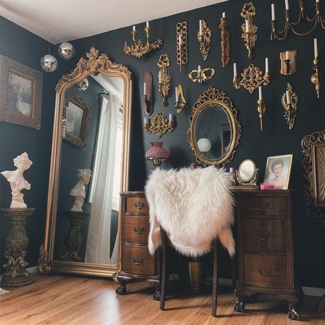 Colorful Goth Bedroom, Maximalist Decor Gothic, Diy Gothic Bathroom Decor, Goth Office Aesthetic, Dark Moody Bedroom Ideas Eclectic, White Witchy Bedroom, Whimsigothic Home Aesthetic, Maximalist Moody Bedroom, Witchy Maximalist Decor