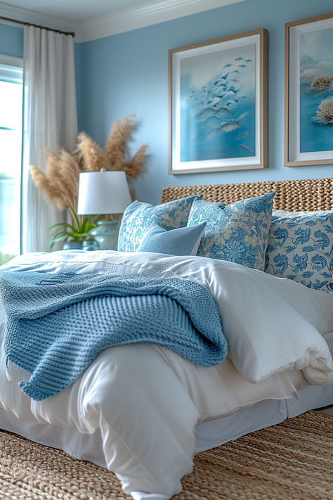 costal bedroom, ocean-themed bedroom, beach house bedroom, beachy interiors Ocean Inspired Bedroom, Costal Bedroom, Bedroom Decor Cozy, Coastal Bedroom, Bedroom Refresh, Blue Rooms, Blue Bedroom, Master Bedrooms Decor, Room Inspiration Bedroom