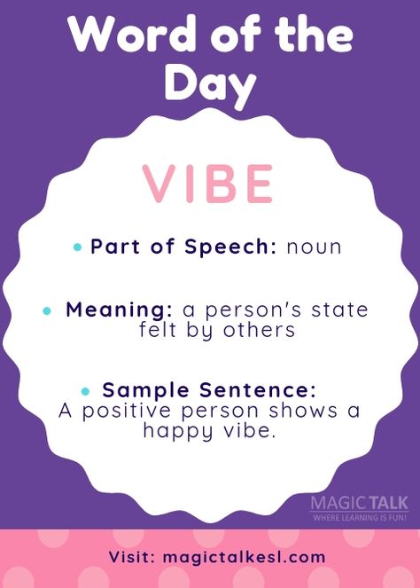 Word of the Day | Vocabulary #ESL #learnEnglish #English #VIBE Word Of The Day Vocabulary, English Language Learners Activities, Eld Ideas, Pte Academic, Vocabulary English, Esl Activities, Esl Resources, English Language Learners, Parts Of Speech