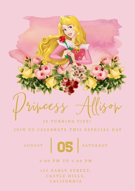 Aurora Party Ideas, Princess Aurora Birthday Party, Aurora Invitation, Princess Invitation Template Free, Princess Aurora Invitation, Princess Invitation Template Birthday, Princess Aurora Party, Princess Aurora Invitation Template, Disney Princess Theme Birthday Party