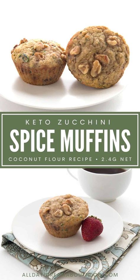 Healthy zucchini muffins packed with shredded zucchini, cinnamon, and heart-healthy walnuts. Made with coconut flour, so they make perfect keto and low carb breakfast recipe. Coconut Flour Zucchini Muffins, Leto Muffins, Keto Zucchini Muffins, Muffins With Coconut Flour, Thm Muffins, Healthy Zucchini Muffins, Low Sugar Dinners, Healthy Low Fat Recipes, Keto Muffins