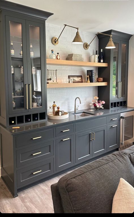 Wet Bar With Tv And Floating Shelves, Luxury Home Coffee Bar, Basement Wet Bar With Microwave, Dark Green Wet Bar, Wet Bar With Sink And Mini Fridge, Basement Bar Cabinet Ideas, Built In Beverage Station, Coffeebar Coffee Stations, Bar Built In