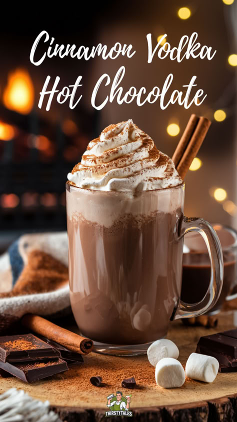 "Indulge in the ultimate winter treat with this Cinnamon Vodka Hot  Chocolate Cocktail Recipe. This cozy Cinnamon Vodka Winter Cocktail  combines rich hot chocolate with a splash of cinnamon vodka for a warm,  spiced chocolate drink. Perfect for chilly nights, this Hot Chocolate  with Cinnamon Vodka is your go-to recipe for a delightful Hot Chocolate  Vodka experience. Sip on this delicious Warm Spiced  Chocolate Drink and embrace the season!" 360 Chocolate Vodka Drinks, Movie Night Drinks Alcohol, Hot Cocoa With Alcohol, Hot Vodka Cocktails, Hot Chocolate Recipes With Alcohol, Cinnamon Vodka Drinks Recipes, Warm Wine Drinks, Kaluha Recipes Drinks Cocktails, Hot Chocolate Cocktails