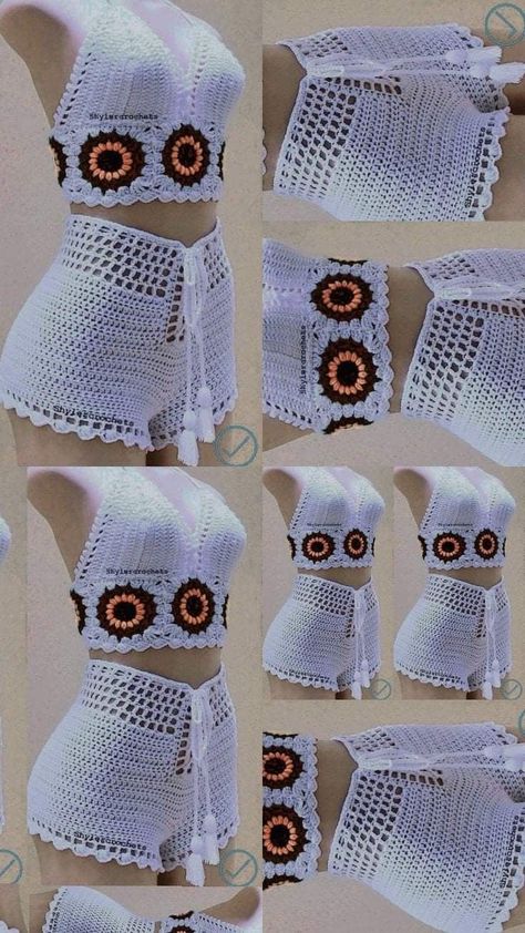 Crochet Bathsuit, Crochet Bolero Pattern, Crochet Bottoms, Crochet Bra, Crochet Pants, Crochet Crop Top Pattern, Mode Crochet, Crochet Ladies Tops, Crochet Swimwear