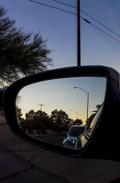 Car Mirror Pics Aesthetic, Rear View Mirror Picture Photo Ideas, Picture In Car Mirror, Car Mirror Pics, Mirror Pics Aesthetic, Car Mirror Selfie, Car Mirror View, Car Mirror Aesthetic Night, Sunset In Rearview Mirror