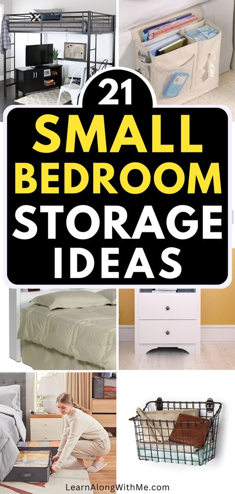 Struggling with organizing a small bedroom?  Here are some small bedroom storage ideas and ways to improve organization in a little bedroom.  One of the keys is to remove the unnecessary items from the room and the second key is to utilize "wasted space" and vertical space.   Not all of these tiny bedroom ideas may work for your particular space, but if you're frustrated by your small room, you're sure to find something here to help you.  Click to see all the small bedroom ideas. Small Bedroom Storage Ideas For Couples Master Closet Ideas, How To Organize Small Bedroom, Organizing A Small Bedroom, Bedroom Storage Ideas For Small Spaces, Storage Ideas For Bedrooms, Organize A Small Bedroom, Small Bedroom Organization Ideas, Tiny Bedroom Storage, Tiny Bedroom Ideas