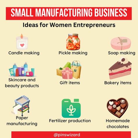 Manufacturing Business Ideas for Women Home Business Ideas For Women, Manufacturing Business Ideas, Homemade Chocolates, Business Ideas For Women, How To Make Pickles, Home Business Ideas, Small Scale Business, Women Entrepreneurs, Homemade Chocolate