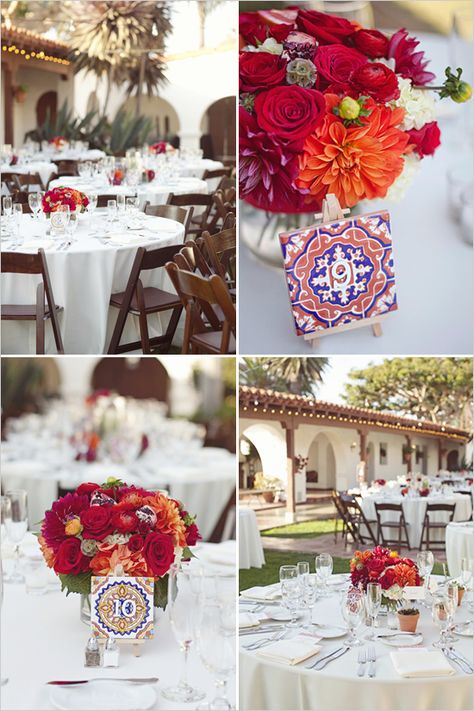 I like the white tableclothes/napkins with the splash of color coming from the centerpiece Mexican Style Wedding, Spanish Style Weddings, Spanish Themed Weddings, Charro Wedding, Mexican Theme Wedding, Spanish Style Wedding, Mexican Inspired Wedding, San Clemente Wedding, Mexican Themed Weddings