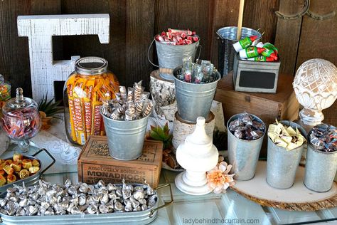 Rustic Wedding Candy Buffet Wedding Candy Ideas, Wedding Candy Bar Ideas, Budget Images, Wedding Candy Bar Buffet, Rustic Candy Buffet, Rustic Candy Bar, Candy Station Wedding, Wedding Buffet Table, Wedding Candy Table