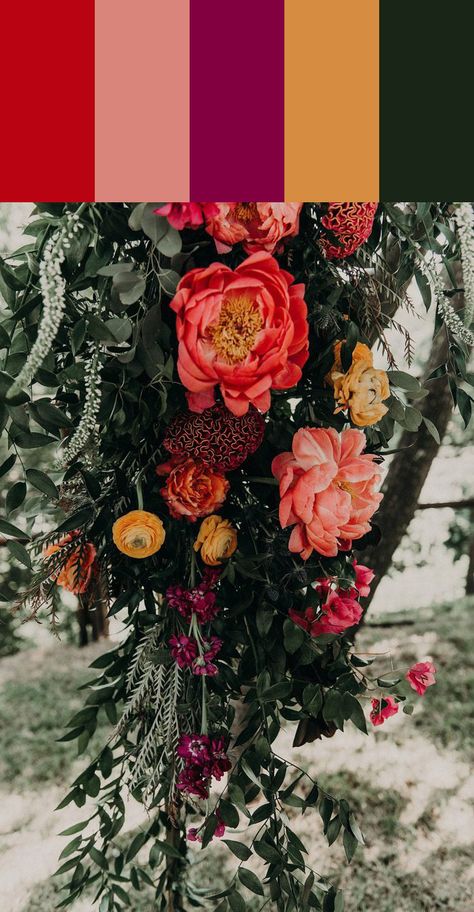 Pinks, purples, and golds create a romantic + retro-inspired wedding color palette at these vows | Image by Nikk Nguyen Photo March Color Palette Wedding, Vermillion Wedding Color, Mood Wedding Inspiration, Fall Gold Wedding Color Palettes, Create Wedding Color Palette, Emerald And Pink Color Palette, Emerald Spring Wedding Colors, Dark Green Orange Pink Wedding, Jewel Tone Spring Wedding Palette