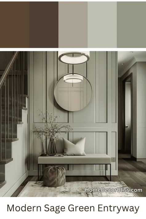 Elegant Modern Sage Green Entryway Inspiration Sage Green Accent Wall Entryway, Sage Green Foyer, Saybrook Sage Color Palettes, Sage Entryway, Saybrook Sage, Behr Simply Sage, Green Entryway, Modern Color Schemes, Entryway Inspiration