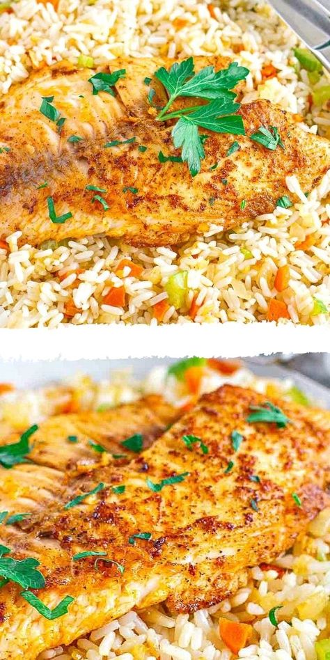 Tilapia And Rice Noodles, Tilapia And Rice, Oven Baked Tilapia, Baked Tilapia Recipes, Cabbage Side Dish, Flounder Recipes, Jasmine Rice Recipes, Fish Meals, Rice And Vegetables