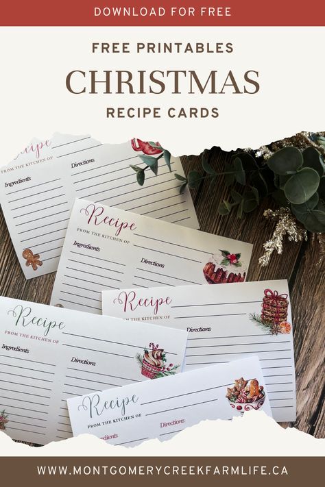 a set of 5 Christmas recipe cards free to print and download Free Printable Christmas Recipe Cards, Christmas Recipe Cards Printable Free, Cute Recipe Cards, Birthday Diy Gifts, Holiday Recipe Card, Christmas Recipe Cards, Recipe Cards Printable Free, Favorite Christmas Recipes, Homemade Food Gifts