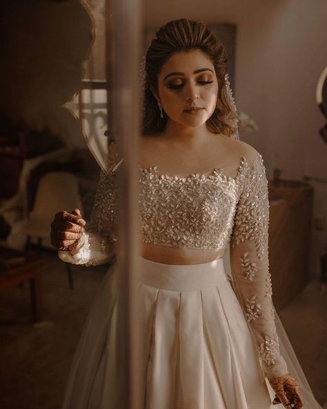 White Dress For Wedding Reception, Reception Dress Bride Indian, Customised Lehenga, Akash Thapa, Mendhi Outfit, Christian Wedding Dress, Christian Wedding Gowns, Christian Bridal Saree, White Frock