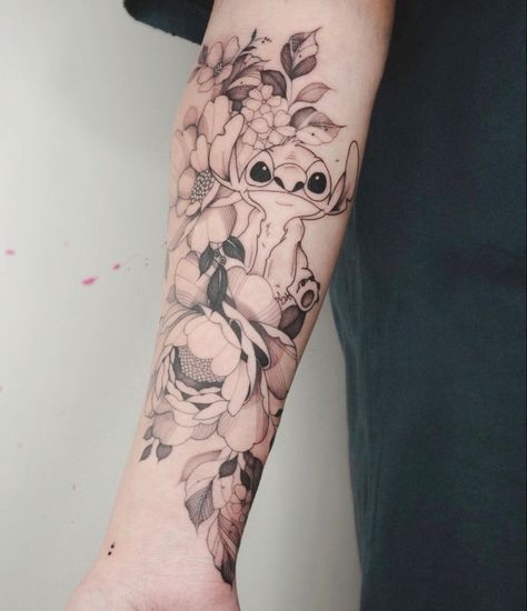 Disney Tattoos For Men Sleeve, Stitch Floral Tattoo, Stitch Flower Tattoo, Disney Sleeve Tattoo For Women, Disney Floral Tattoo, Floral Dinosaur Tattoo, Disney Tattoos For Men, Fineline Tattoo Ideas, Disney Stitch Tattoo