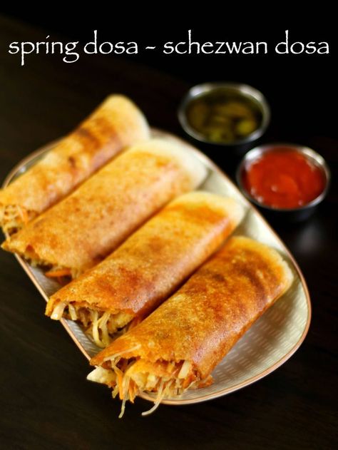 spring dosa recipe Mumbai Street, Indian Veg Recipes, Veg Snacks, Food Fusion, Asian Street Food, Tandoori Masala, Dosa Recipe, Indian Breakfast, Wontons