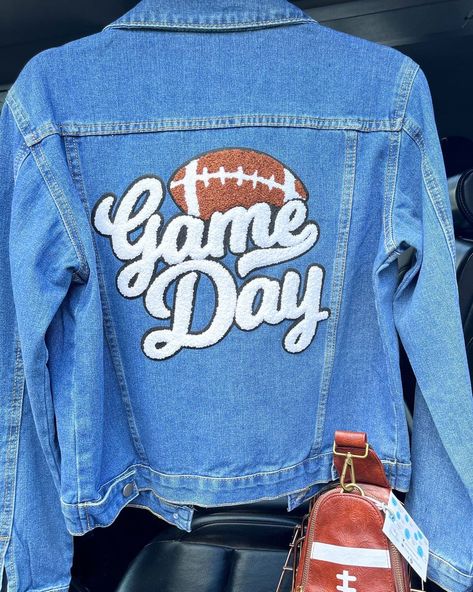 Game Day Football Denim Jacket Rhinestone Football, Best Gift Baskets, Bingo Set, Game Day Football, Bbq Set, Stadium Bag, Football Socks, Nfl Games, Personalized Football