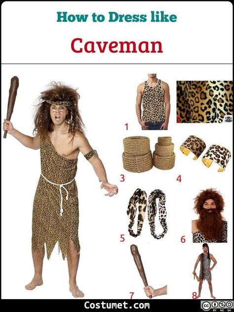 The Caveman costume consists of leopard or cheetah print one-shoulder top and skirt tied with a hemp rope on the waist. Wear an arm cuff or headband with the same print, too. Finish the costume with a caveman-inspired wig and club! #misc #male #funny #misc #prehistoric Diy Caveman Club, Caveman Party Ideas, Cave Man Costume, Caveman Outfit, Caveman Party, Caveman Costume, Leopard Print Fabric, Costume For Halloween, Ski Outfit