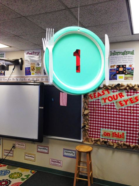 A picnic-themed classroom from Write On, Fourth Grade! Cooking Classroom Theme, Spring Mantel Decorating Ideas, Cooking Theme, Cooking In The Classroom, Sunday School Rooms, Table Markers, Restaurant Themes, Picnic Theme, Family And Consumer Science